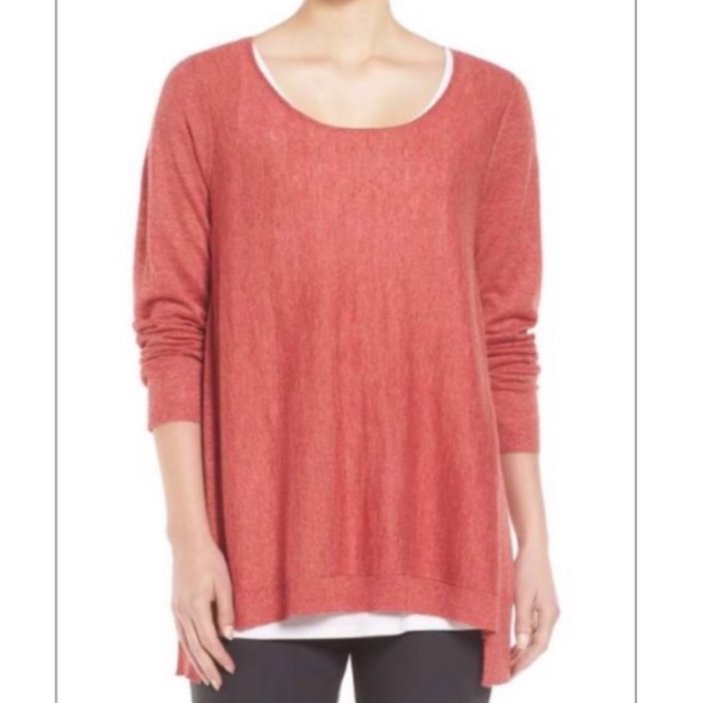 Eileen Fisher Persimmon Tencel Wool Alpaca Scoop Neck Step Hem Sweater Large